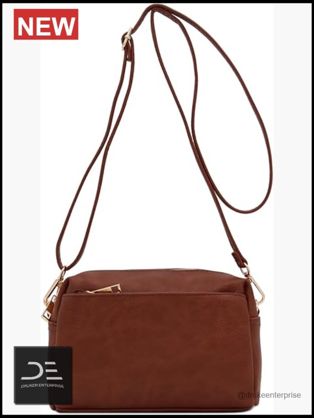 Triple Zip Small Crossbody Bag Faux Leather Gold Hardware